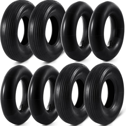 4 Sets 13'' 4.00-6 Replacement Tire and Inner Tube Set Heavy Duty 4.00-6 Tire and Wheel with TR13 Straight Valve Stem and Ribbed Tire Treads, for Wheelbarrow Trolley Garden Wagon Wheels