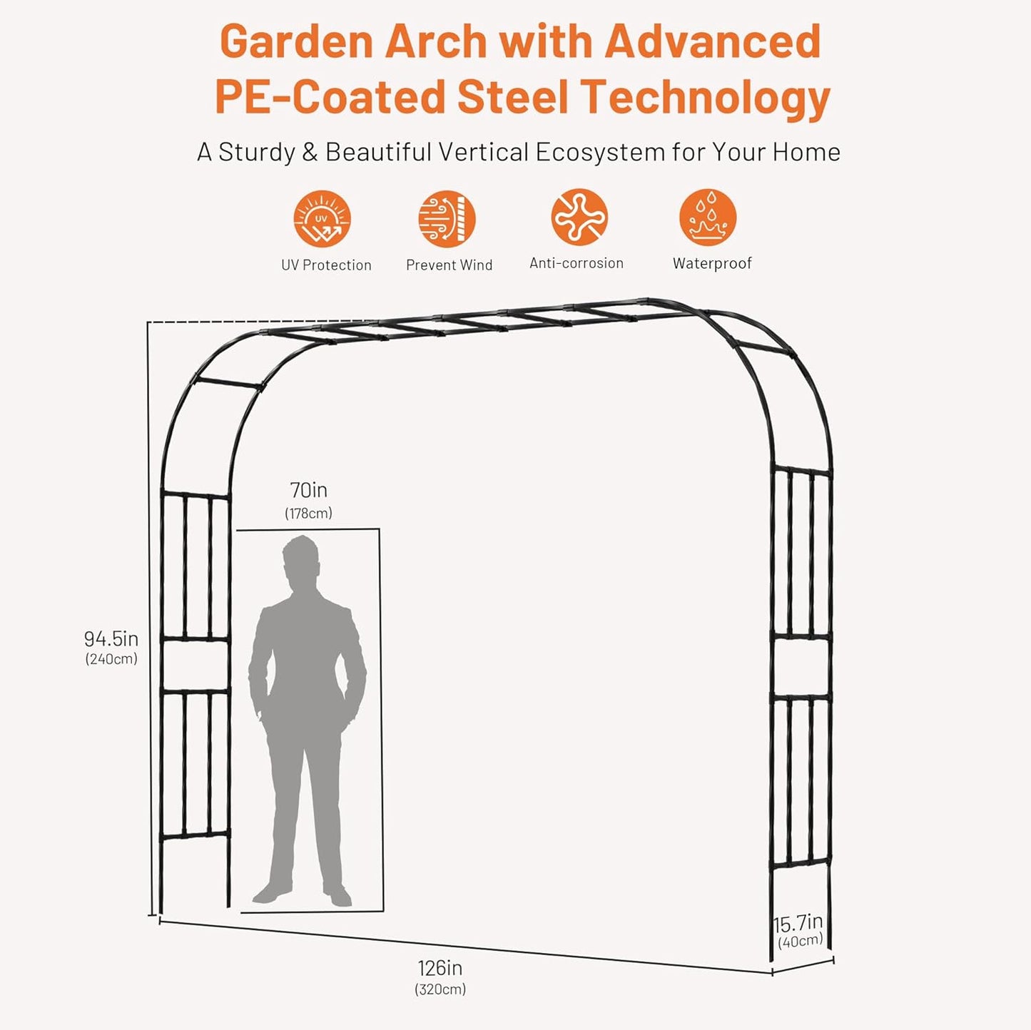 Garden Arch, 126''x94.5'' Arbor Trellis, Trellis for Climbing Plants Outdoor, Garden Arch Arbor for Flower, Climbing Vine Vegetable, Fruit and Lawn(Black)
