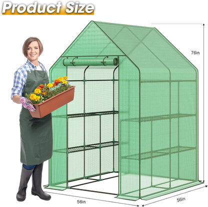 Greenhouse, 56×56×76" Walk in Greenhouse, Portable Green House for Outdoors with Thicken PE Cover, 3 Tiers 8 Shelves for Plants, Flowers, Seedling (Green, 56x56x76 inch)