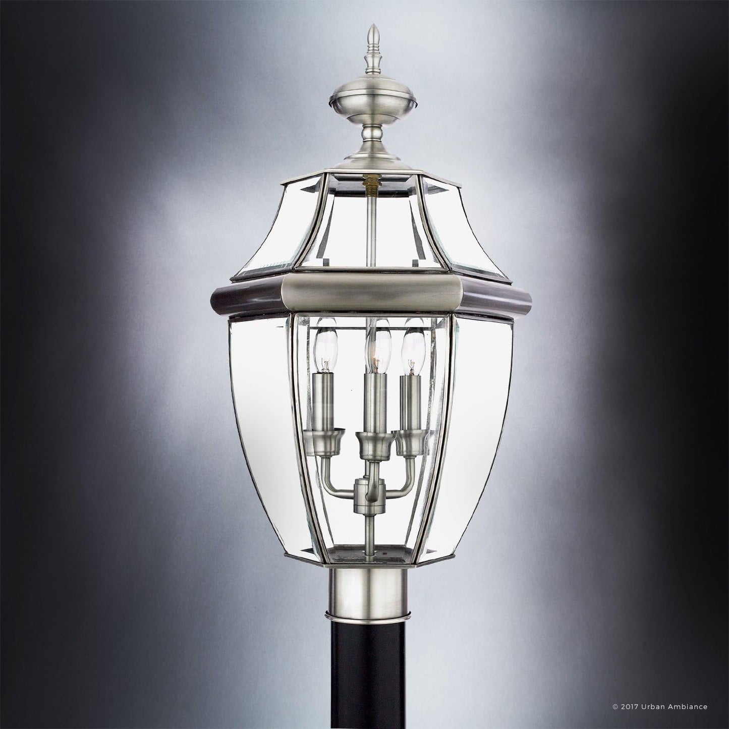 Urban Ambiance Luxury Colonial Outdoor Post Light, Large Size: 23" H x 12.5" W, with Tudor Style Elements, Versatile Design, Classy Aged Silver Finish and Beveled Glass, UQL1151