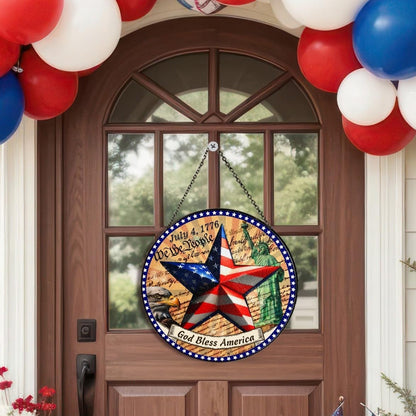 7.8" Patriotic Suncatcher Stained Glass 4th of July Window Hanging, Independence Day Decoration Welcome Sign Patriotic Holidays Home Decor Outdoor and Indoor Red White Blue American Flag HS287-SG8