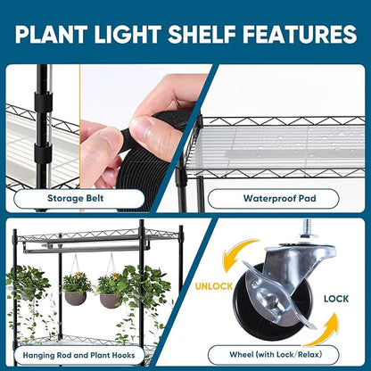 Plant Shelf with Grow Light, 4-Tier Metal Grow Light Shelf with Hanging Rod and Adjustable Rack,3-Pack 6000K T12 LED Full Spectrum Grow Lights for Seed Starting, Succulents, Built-in Timer