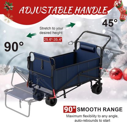 LEVELEVE Heavy Duty Folding Wagon - 2-in-1 Collapsible Cart, 650lb Capacity, All-Terrain Wheels w/Brakes & Side Pockets (Blue)