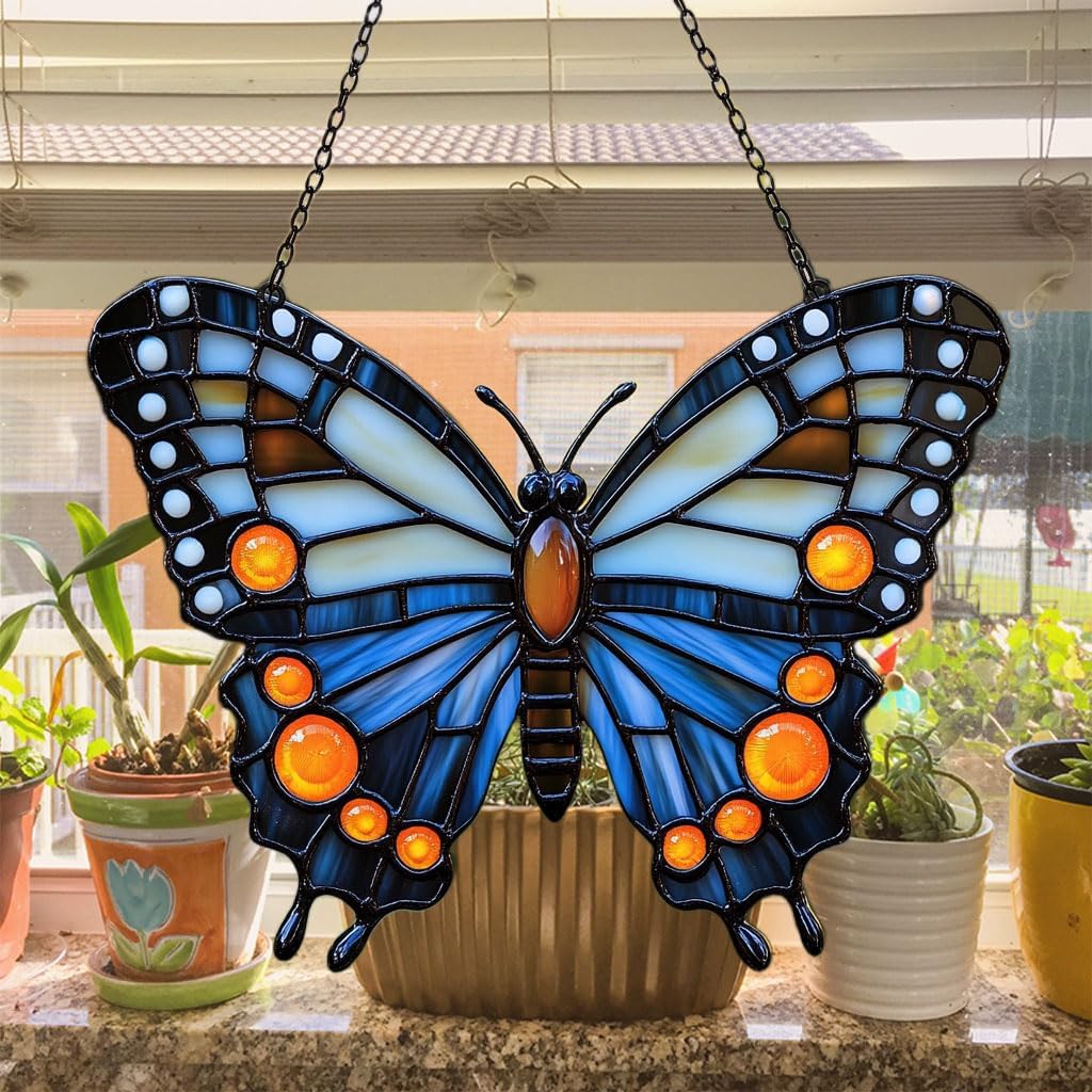 Night Monarch Butterfly Acrylic Suncatcher Stained Glass Effect Window Car Hanging Christmas Ornament Indoor Outdoor Decor Garden Sun Catcher Panel for Butterfly Lover for Women Mom Grandma