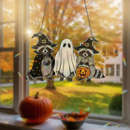 Halloween Sun Catcher for Window Hanging Raccoon Ghost Designs Acrylic Suncatcher Decor for Wall Home, Garden, Housewarming Women Neighbor Party Spooky Gifts7.87inch