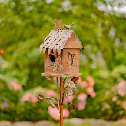 Copper Color Bird House Garden Stake with Ornate Style Roof (Rectangular)