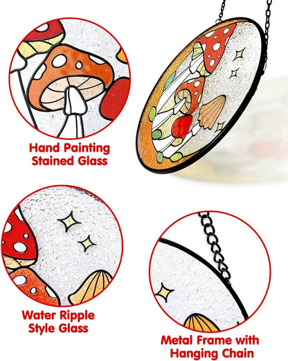 Tuitessine Mushroom Stained Glass Suncatcher Moon Toadstools Window Wall Hanging Ornament Hand-Painted Glass Panel Decor for Home Gift for Nature Plant Mushroom Lovers 6.3"*6.3"