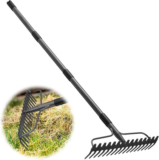 Rake, 17 Tines with 49 Inch Handle, 17 Inch Wide Heavy Duty Garden Thatch Leaf Rake for Raking Leaf Loosening Soil Gathering Mulch Leveling Rocks, Rustproof Metal Bow Rakes for Leaves Grass