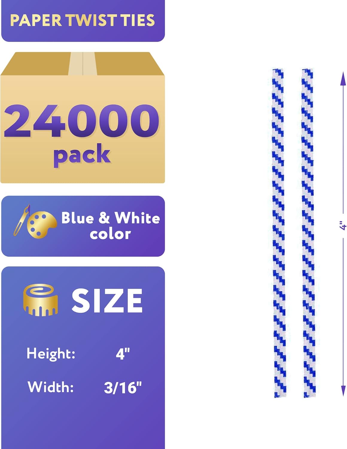 APQ Blue and White Metallic Twist Ties for Bags, 4 inches. 24000 Pack Plastic-Coated Bread Twist Ties for Treat Bags. Reusable Bread Tie. Light Metallic Twist Tie. Heavy-Duty Twisty Ties for Bags