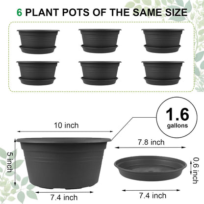 6 Pack 10 inch Plant Pot, Round Plastic Plant Pots, Outdoor Pots for Plants with Drainage Hole & Tray Saucer, Decoration Flower Pots for Indoor Plants Home Garden Outdoor Planters (Dark Gray)