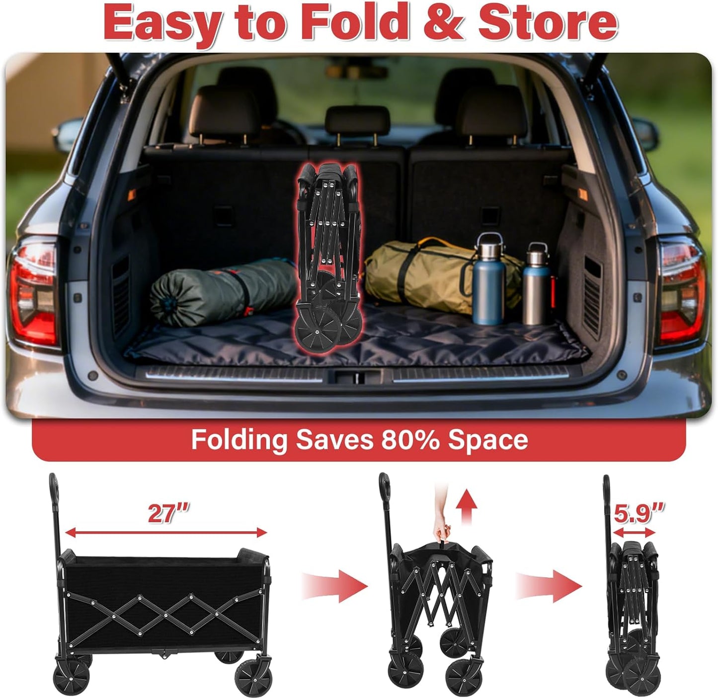 Collapsible Folding Utility Wagon Cart with Wheels, 360 Lbs Heavy Duty Outdoor Foldable Wagon with Adjustable Handle, 2 Drink Holders, Portable Wagon for Groceries, Garden, Beach, Camping, Shopping