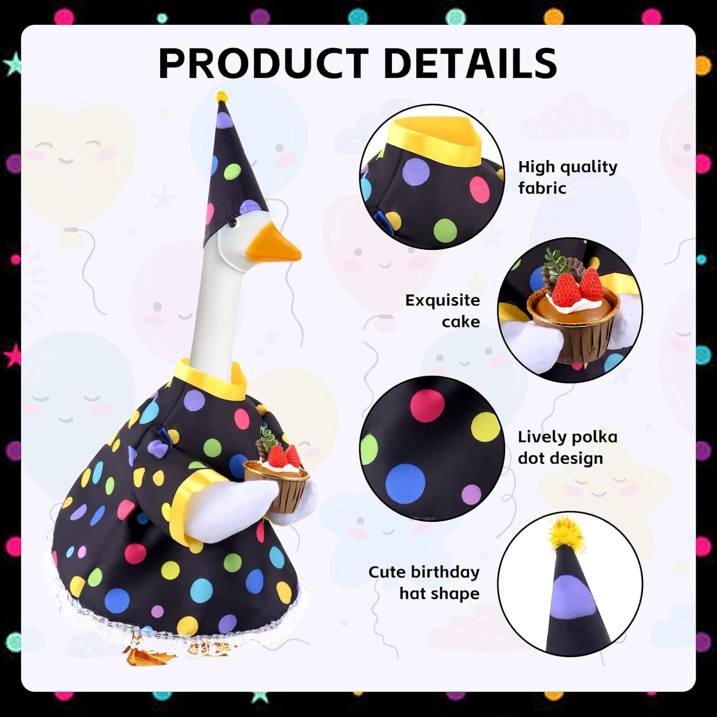 Happy Birthday Goose Outfit Porch Goose Outfits with Happy Birthday Cake Hat and Clothing for 23" Cement/Plastic Porch Goose Outdoor Statue Patio Yard Lawn Art