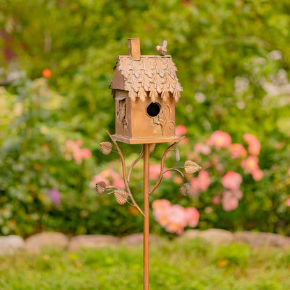 Copper Color Bird House Garden Stake with Ornate Style Roof (Rectangular)