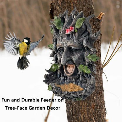 Tree Face Sculpture, Funny Old Man Tree Hugger Statue, Creative Props & Unique Animal Feeder for Indoor & Outdoor Garden, 11.5" x 7.5" x 3.5"