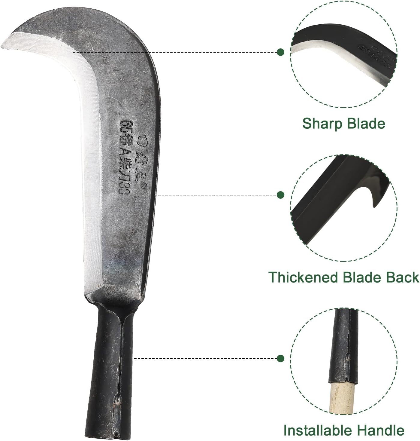 Sickle Garden Tool，22" Steel Machete Heavy Duty for Cutting Trees,Machete for Yard Work with Wooden Handle