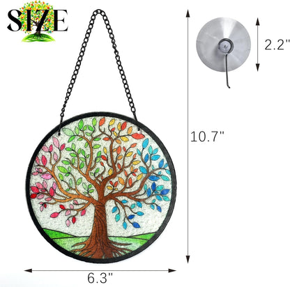 Kanpura Tree of Life Stained Glass Suncatcher Colorful Leaves Suncatchers for Window Hanging Stained Glass Panel Decor for Women (6.3 Inch)