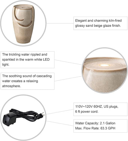 Glitzhome 21.25" H Ceramic Vase Outdoor Water Fountain Tall Patio Garden Water Fountain with LED Light and Submersible Pump Yard Art Decor, Sand Beige