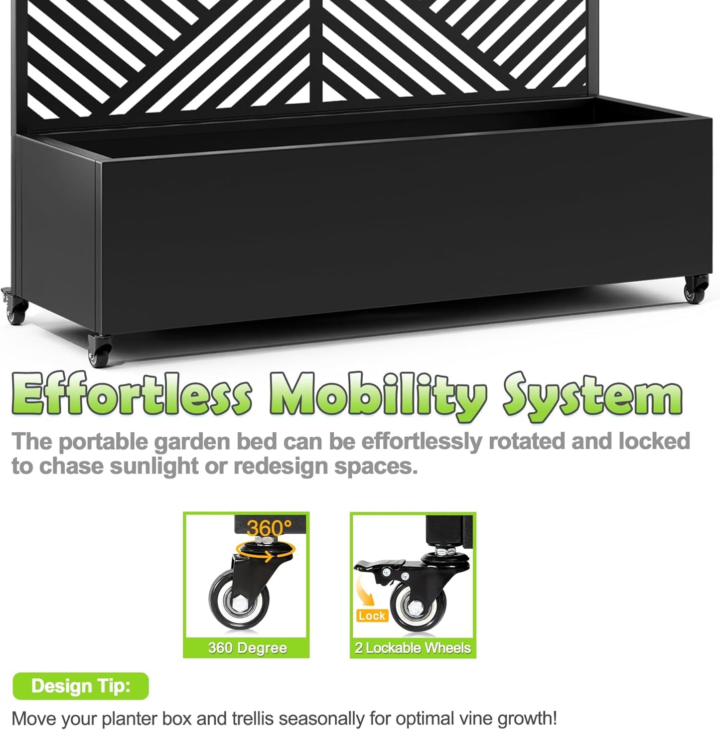 15.7"×70.9"×47.2" Metal Raised Garden Bed with Trellis and Wheels - Tall Trellis Planter Box for Climbing Plants, Vegetables & Vines - Outdoor Privacy Planters for Patio (Black-Zodiac)