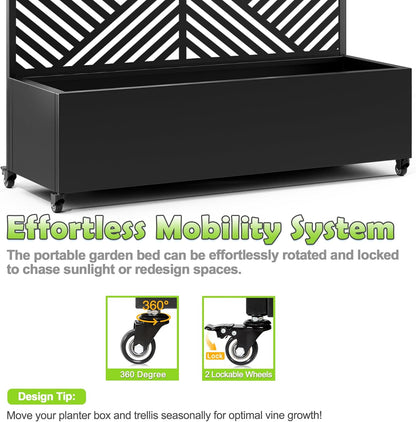 15.7"×70.9"×47.2" Metal Raised Garden Bed with Trellis and Wheels - Tall Trellis Planter Box for Climbing Plants, Vegetables & Vines - Outdoor Privacy Planters for Patio (Black-Zodiac)
