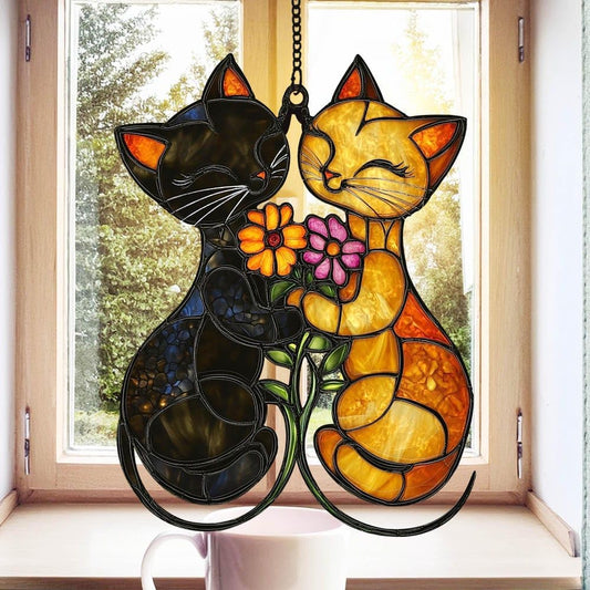 Couple Cats Flower Acrylic Suncatcher Stained Glass Effect Window Car Hanging Christmas Ornament