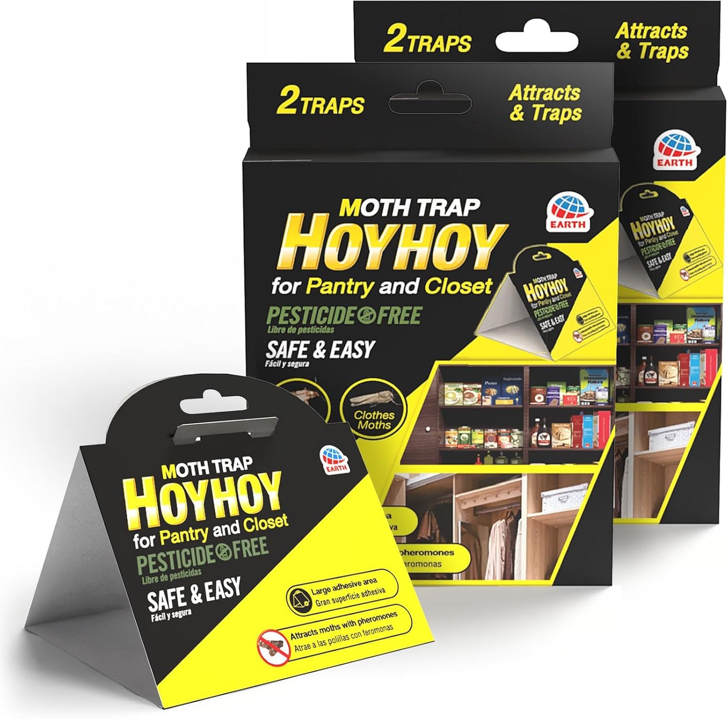 HOY HOY Pheromone-Infused Glue Traps – 4 Traps (2 Packs), Effective for Pantry & Closet Moths, Dual Hanging/Placement Options, Lasts Up to 3 Months