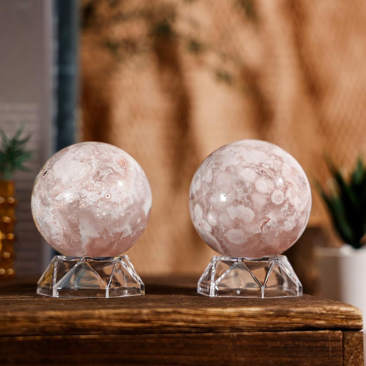 Natural Cherry Blossom Agate Crystal Ball with Acrylic Display Base, 61-70mm Polished Stone Feng Shui Crystal Sphere Meditation Decoration for Home & Office