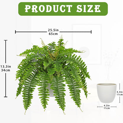 Hollyone Artificial Fern Plants in White Pot 25.5" Medium Artificial Boston Fern 31 Leaves for Outdoors & Indoor Faux Potted Plants Fake Ferns Bush Plant Patio Garden Farmhouse Porch Home Decor Green