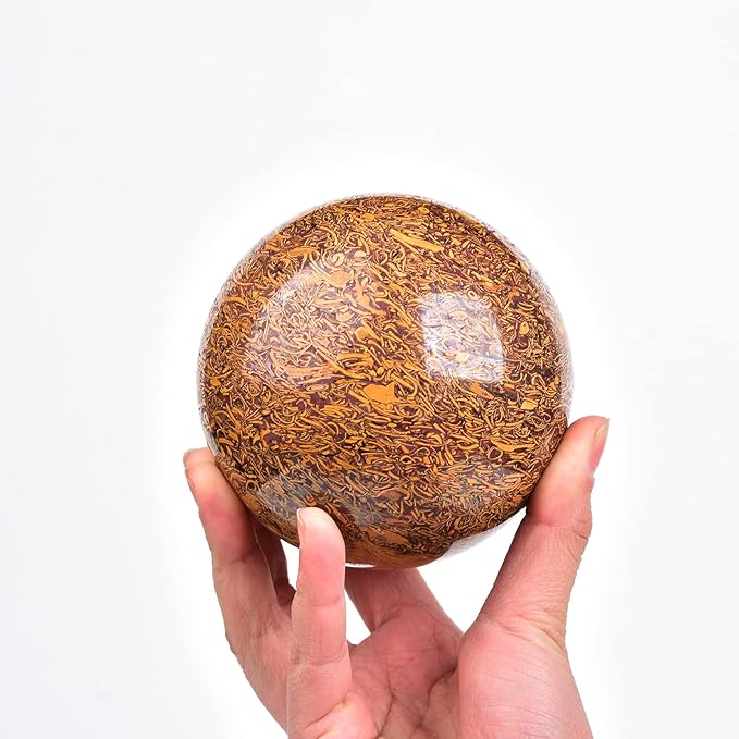 JIC Gem Natural Crystal Sphere Ball with Wooden Stand for Fengshui Golden Jade Healing Crystal Ball Decoation Meditation Energy Reiki Ball (110-120mm)
