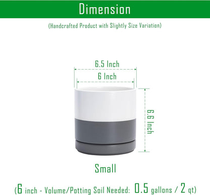 D'vine Dev Set of 2 Plants Pots, 6.5 Inch Ceramic Planter Pot for Plants with Drainage Hole and Saucer, White/Speckled Grey, 94-V-C-6