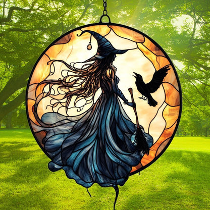 Witch Faux Mosaic Acrylic Suncatcher Stained Glass Effect Window Car Hanging Christmas Ornament Indoor Outdoor Decor Garden Sun Catcher Panel for Acrylic Suncatcher Lover for Women Mom Grandma