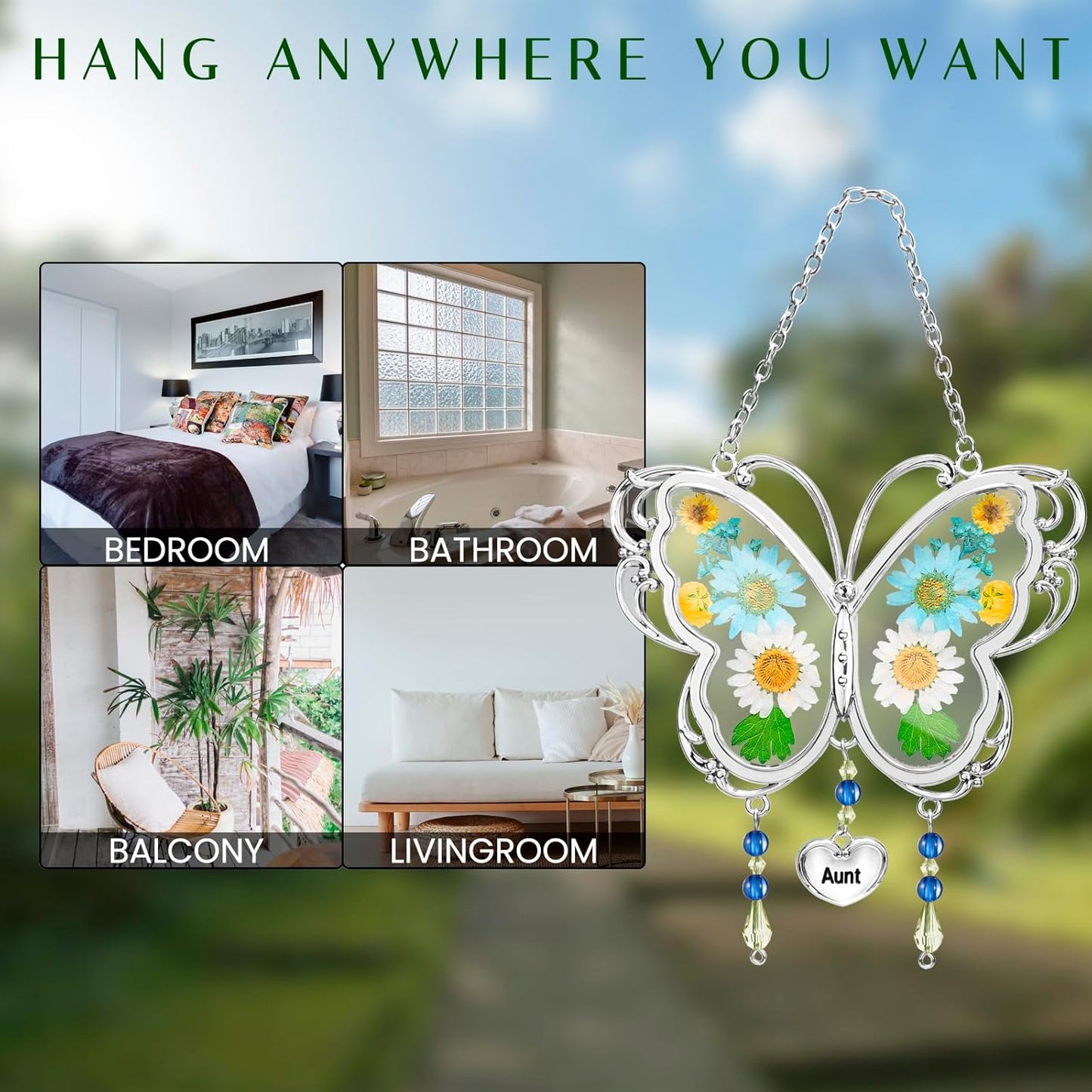 LARAINE Butterfly Suncatcher with Pressed Flower Wings Mom Mother's Day Butterfly Glass Wind Chime Ornament Charm with Metal Heart Gifts for Mom Grandma Aunt Birthday (Aunt, Blue)