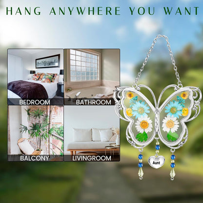 LARAINE Butterfly Suncatcher with Pressed Flower Wings Mom Mother's Day Butterfly Glass Wind Chime Ornament Charm with Metal Heart Gifts for Mom Grandma Aunt Birthday (Aunt, Blue)