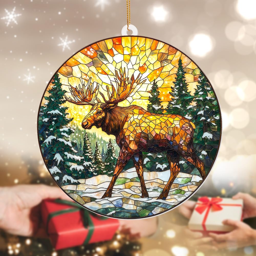 Stained Glass Style Acrylic Moose Ornament 2025 - Rustic Cabin Christmas Tree Ornament, Wildlife Suncatcher Window Hanging, Winter Holiday Decor Gift for Nature & Outdoor Lovers, Shatter(Sun-23)