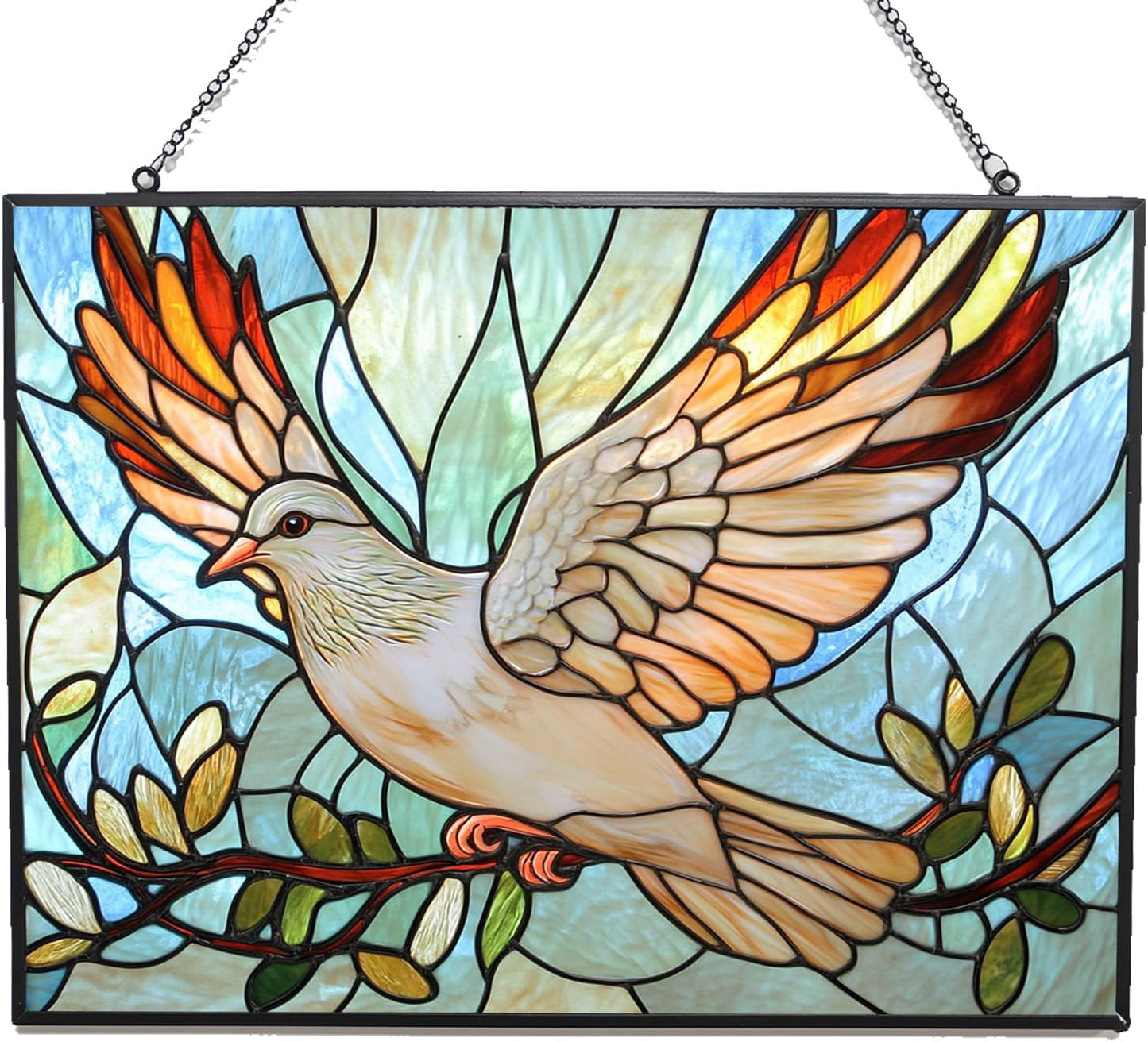 Rectangle Art Nouveau Dove and Olive Suncatchers for Windows, Stained Glass Window Hangings,Hand-Painted Glass Panel Perfect for Home Décor