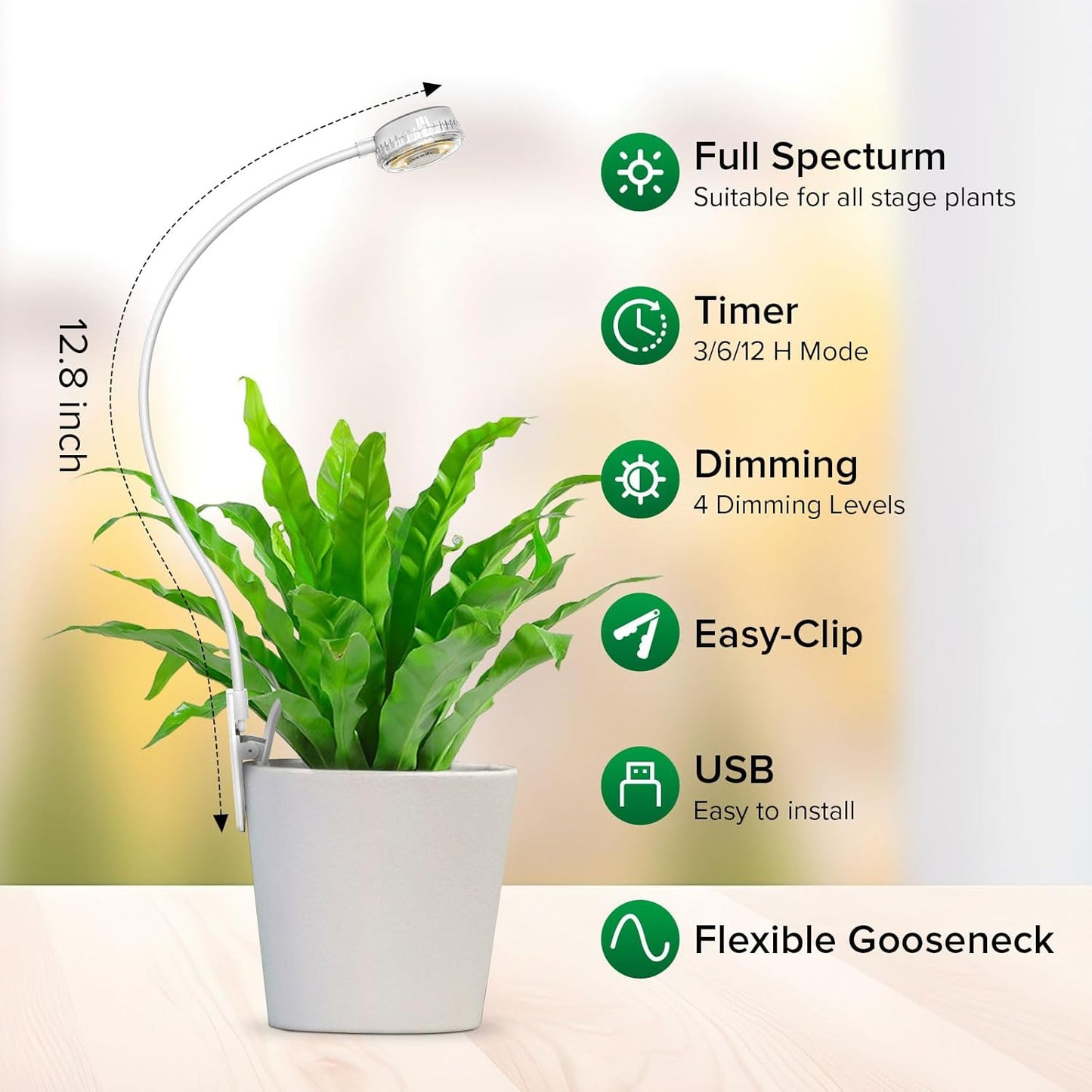 Grow Lights for Indoor Plants, Pot Clip LED Plant Lights for Indoor Growing, Full Spectrum, 4000K with 4-Level Dimmable, Auto On/Off 3 6 12 Hrs Timer for Succulents, Pot Plants