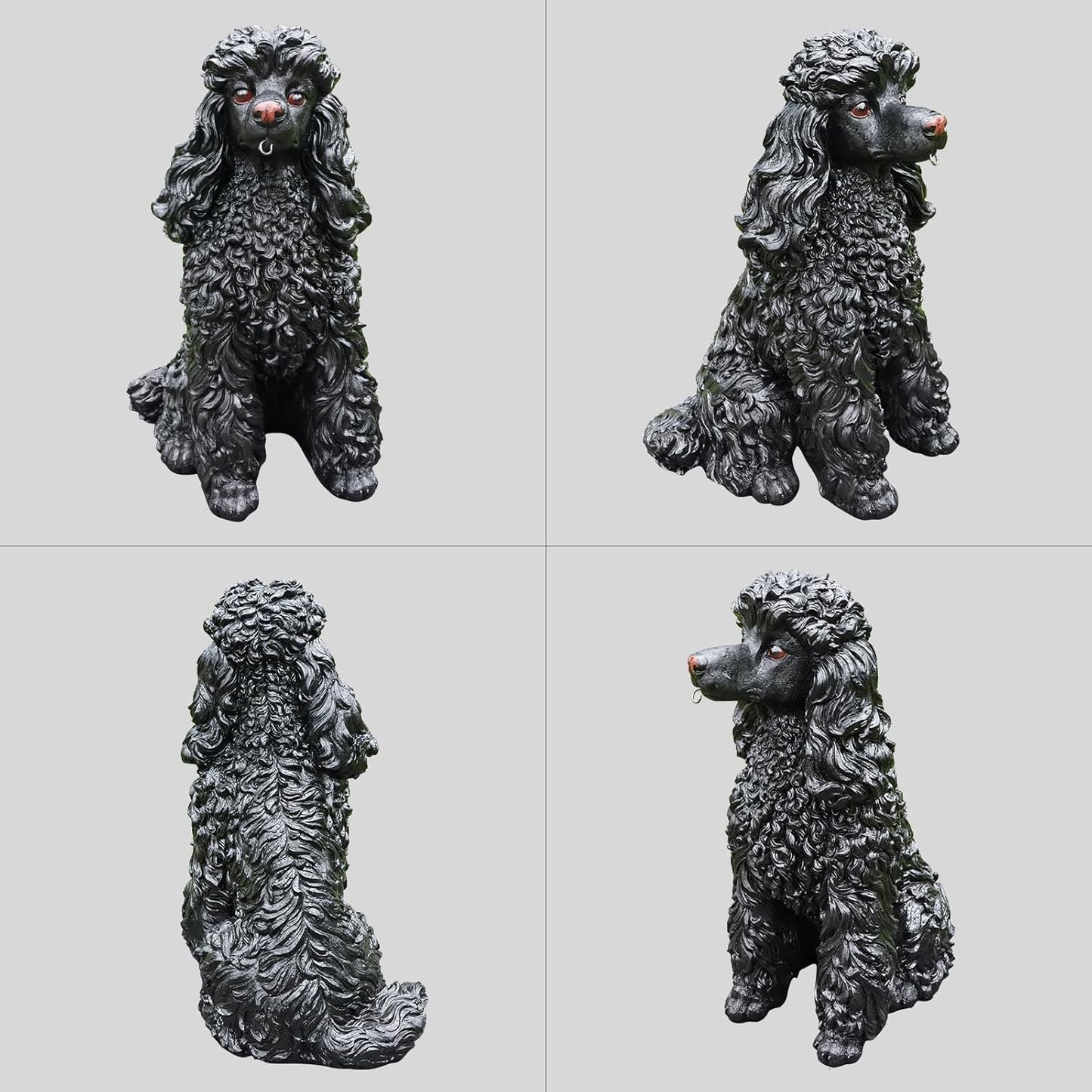 Porch Greeter Dog Statue with Flip-Over “Welcome/ON Patrol” Hanging Plaque and Solar Walkway Lantern, Black Sitting Poodle Yard Accent