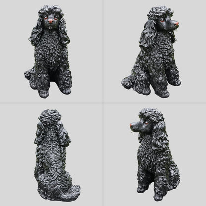 Porch Greeter Dog Statue with Flip-Over “Welcome/ON Patrol” Hanging Plaque and Solar Walkway Lantern, Black Sitting Poodle Yard Accent