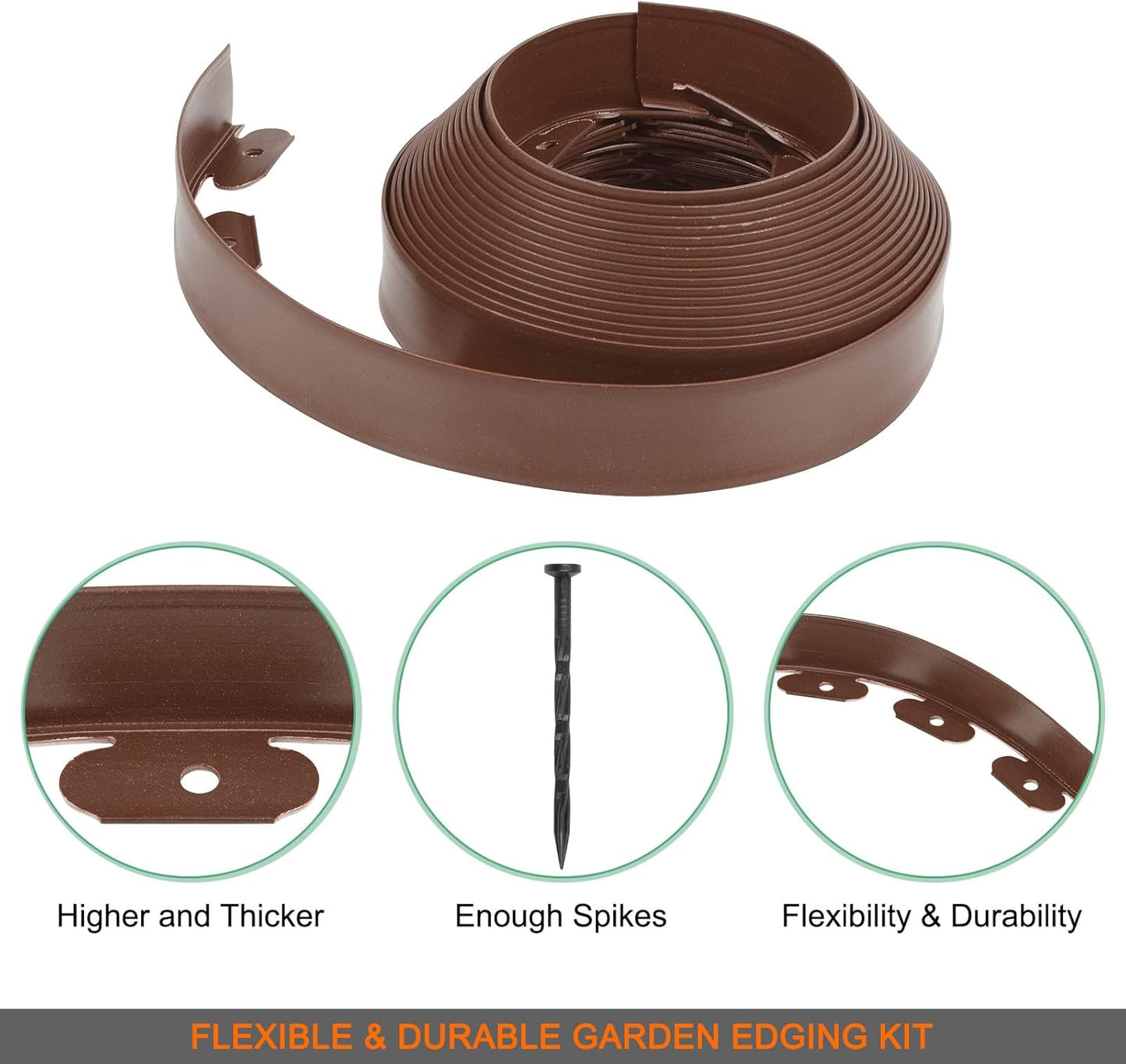 Garden Edging - 40 Feet Plastic Garden Edging Border with 36 PCS Spikes Apply to Flower Beds/Grass Lawn/Yard (40FT x 2.36IN, Dark Brown)