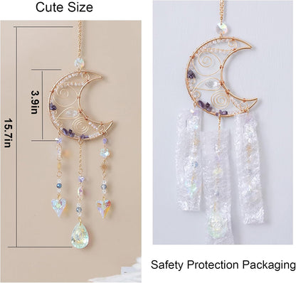 TUOKING Crystal Moon Suncatchers for Window Hanging Natural Healing Stones Wind Chimes Sun Catcher Rainbow Maker Good Luck Gifts Decor for Home Garden