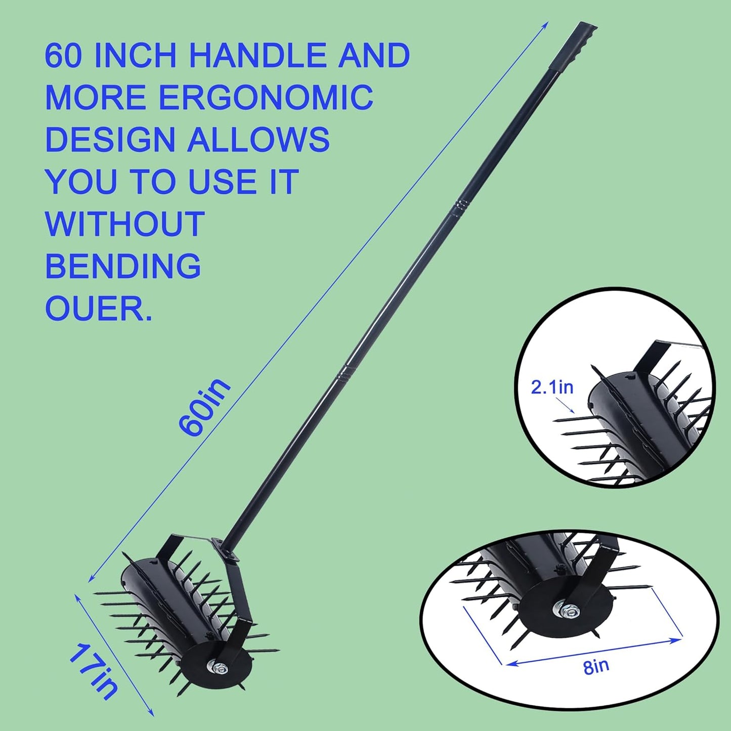 Rolling Manual Lawn Aerator, 58-Inch Handle Push Spike Aerator for Lawns, Yards, and Gardens, Easy Assembly, Reduces Soil Compaction, Enhances Water Absorption Manual Aerator Tool Black