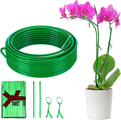 32ft Bendable & Cuttable Plant Stakes, Green Orchid Flower Stem Support Sticks with 800 Ties for Monsteras Money Trees Indoor Potted Plants Beans