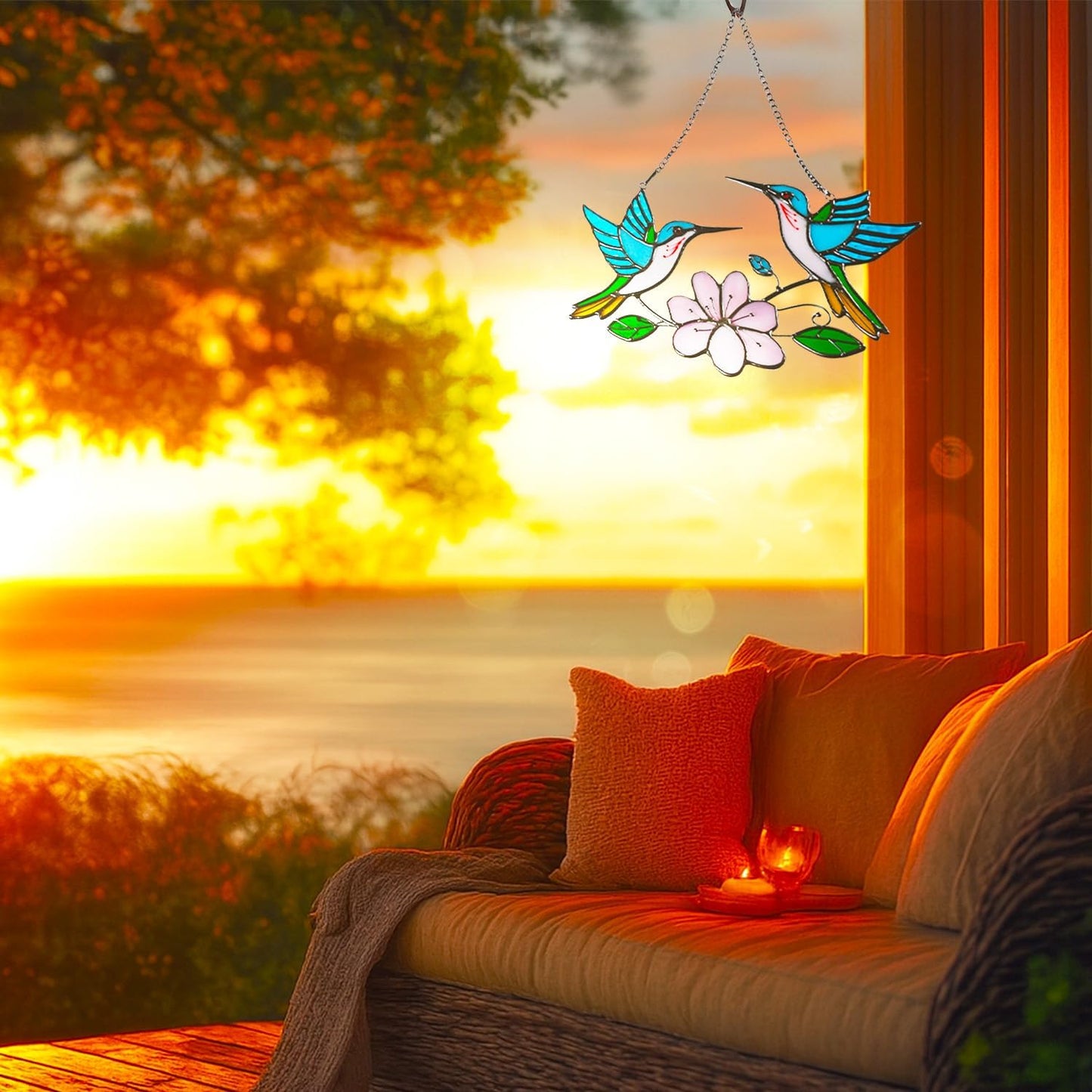 Stained Glass Window Hanging, Duo-Humming Bird Style, Colorful Sun Catcher Panel for Indoor/Outdoor Décor, Garden & Coastal Ornament, Handmade Glass Wall Art Gift for Women and Mom & Bird Lovers