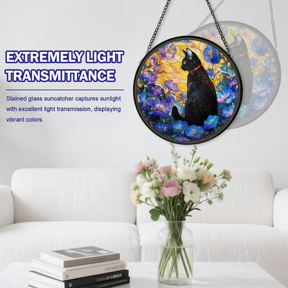 Cat Stained Glass Window Hanging, Flower Suncatcher Diamond Glass Panel Hangings, Sun Catchers Indoor Windows Wall Art, Gifts for Cat Lovers, Christmas Decor for Home Garden Office 7.87 inches