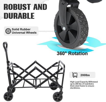 Beach Wagon with Big Wheels for Sand,Collapsible Folding All Terrain Utility Wagons Carts Foldable with Brakes for Sand Camping Sports Outdoor.