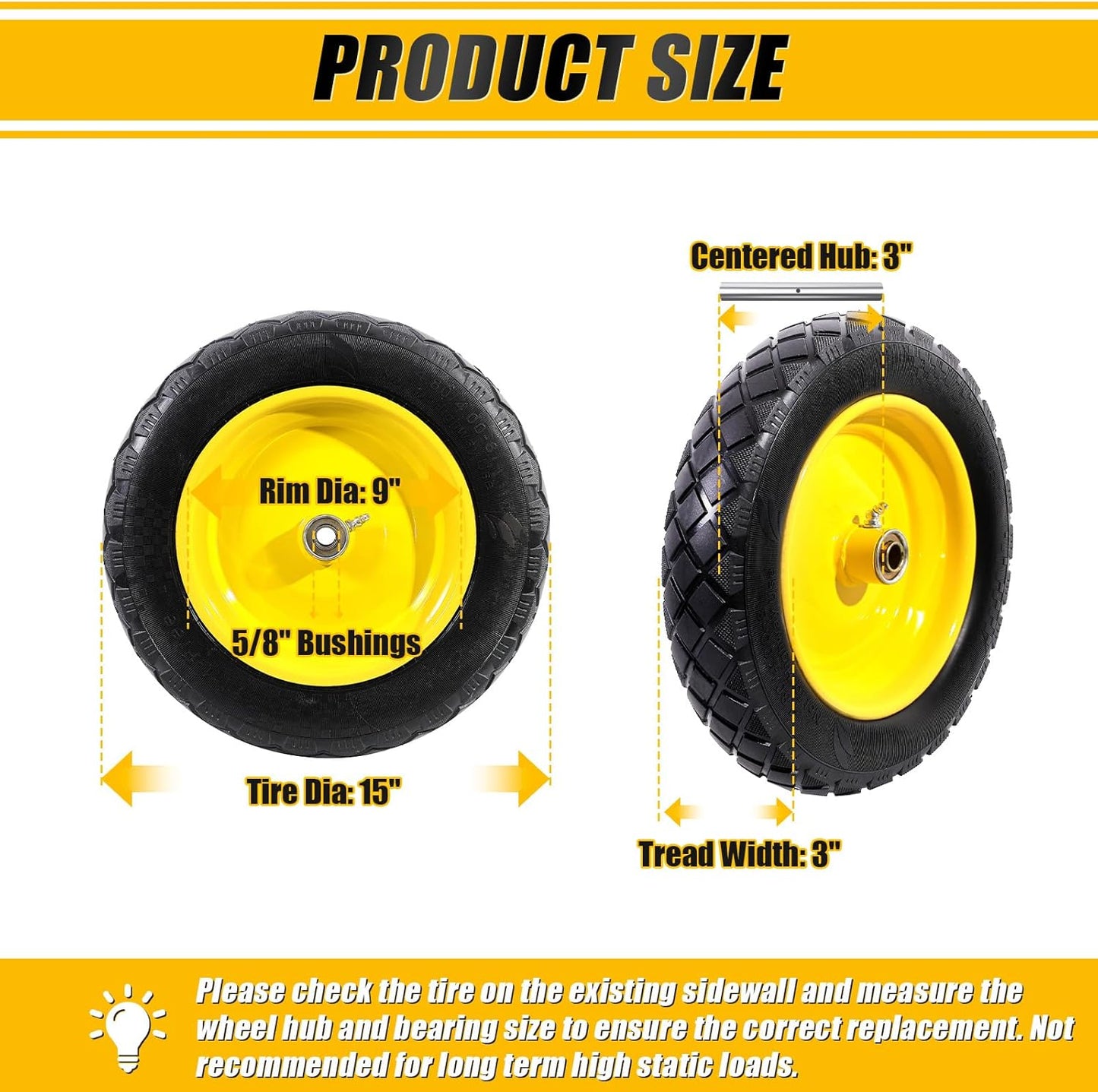 MZREXN 4.80/4.00-8" Flat Free Tire and Wheel, 15" Solid Wheelbarrow Tires, 3.00-4.00/4.80-8" with 5/8" & 3/4" Bearings, 3" Centered Hub for Hand Truck Garden Trailers Utility Cart Yard Wagon Yellow