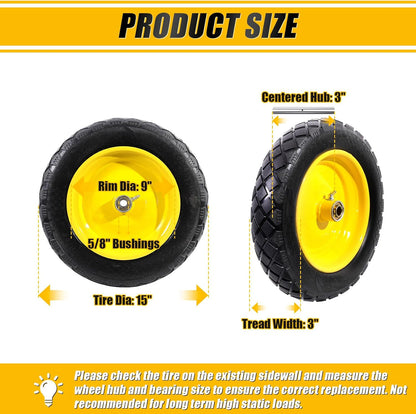 MZREXN 4.80/4.00-8" Flat Free Tire and Wheel, 15" Solid Wheelbarrow Tires, 3.00-4.00/4.80-8" with 5/8" & 3/4" Bearings, 3" Centered Hub for Hand Truck Garden Trailers Utility Cart Yard Wagon Yellow