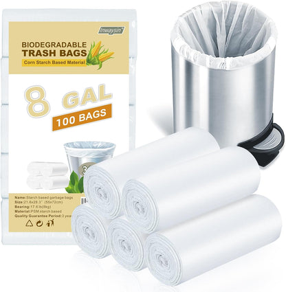 Medium Trash Bags 8-Gallon Compostable-Garbage-Bag - 100 Counts Clear White Tall Kitchen Unscented Biodegradable Thick Strong Compactor Waste Basket Liners for Bathroom Restroom Inwaysin