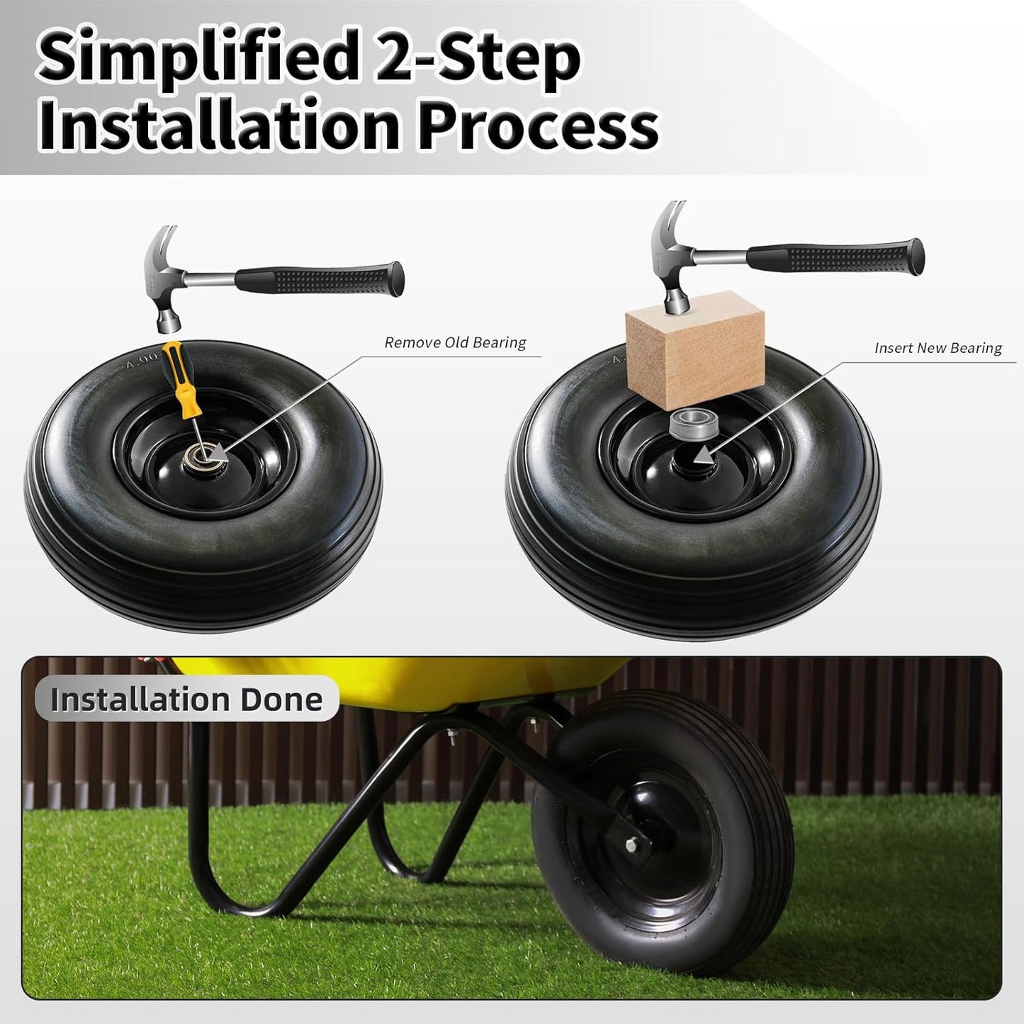 13 Inch Solid Tire Wheel - Replacement 4.00-6" Flat Free Heavy Duty Wheel with 5/8", 3/4" Bearings, 1.75" Center Hub - Fits Garden Cart, Wheelbarrow, Dolly, Hand Truck, Trailer, Utility Wagon, 2 Pcs