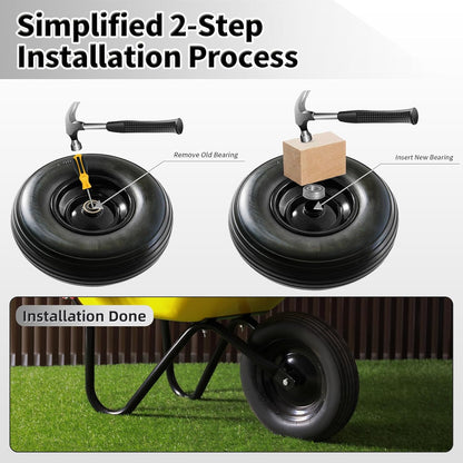 Wheelbarrow Wheel 13 Inch Flat Free 4.00-6 Solid Tire, Replacement Heavy Duty, with 5/8" and 3/4" Bearings 1.75" Center Hub, fits Garden Cart, Dolly, Hand Truck, Trailer, Utility Wagon, 1 Pcs