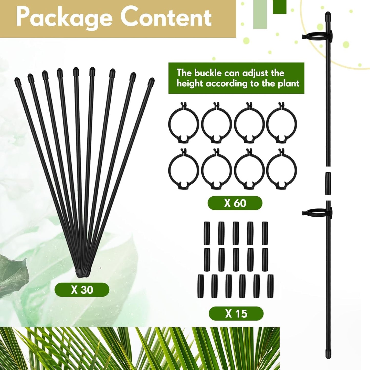meekoo 30 Pcs Adjustable Garden Plant Support Stakes Single Stem Plant Cage Support Rings with Clips and Connect Pipe for Orchid Rose Tomato, 12 Inch (Black)